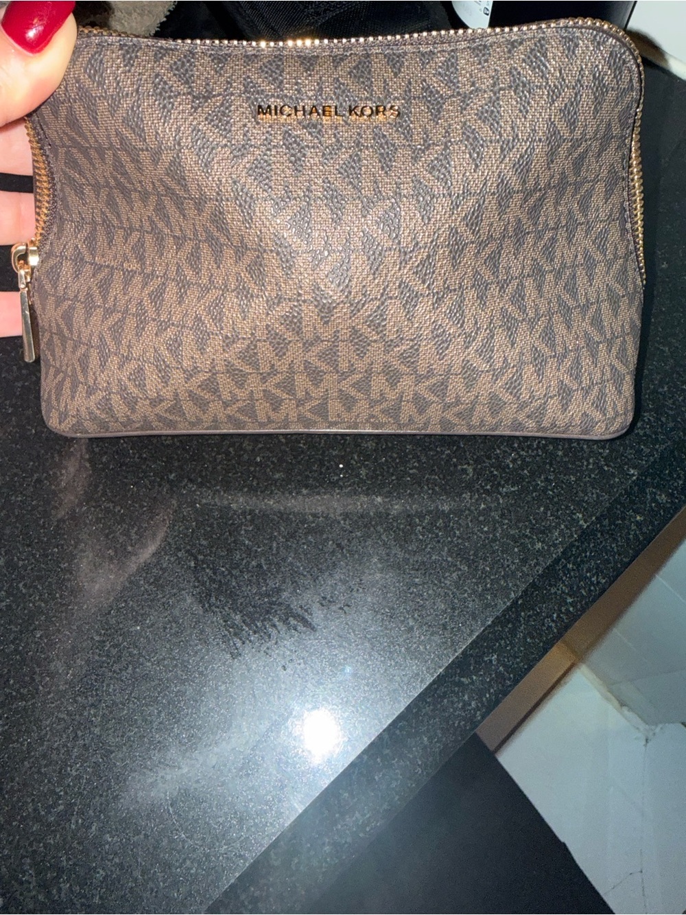 Michael Kors Signature Brown Monogram Zip makeup bag